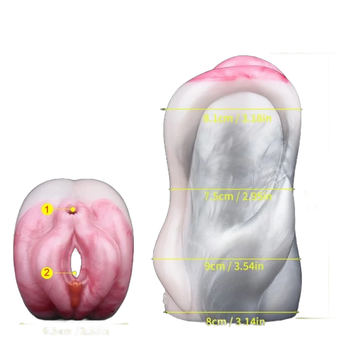 Misure Dolfin masturbatore silicone liquido 16.3x9cm vista frontale e laterale