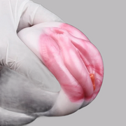 Dolfin masturbatore in silicone liquido rosa e grigio, dettaglio labbra anatomiche