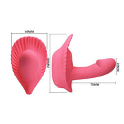 Vedute frontale e laterale di vibratore a conchiglia rosa con misure dettagliate