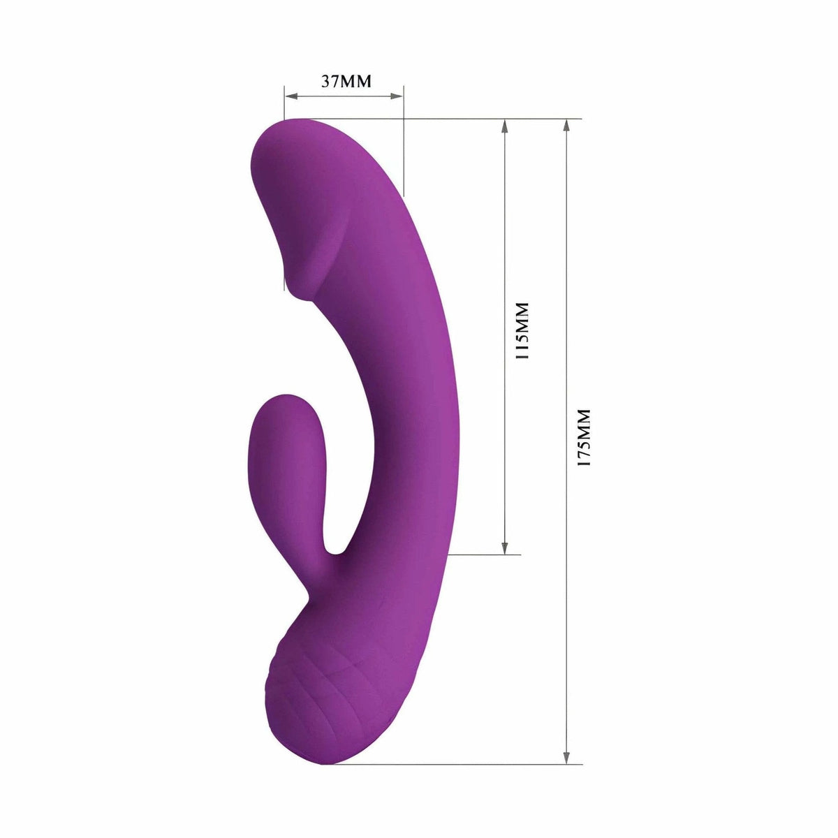 Vibratore rabbit viola ergonomico con dimensioni indicate e forma curva