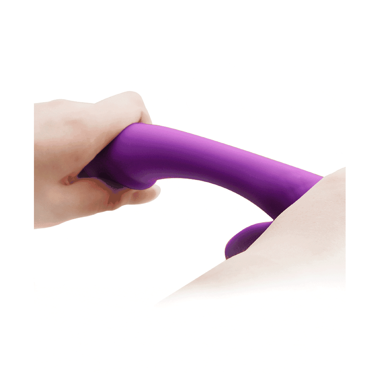 Vibratore rabbit viola in silicone per stimolazione G-spot e clitoride su figura stilizzata