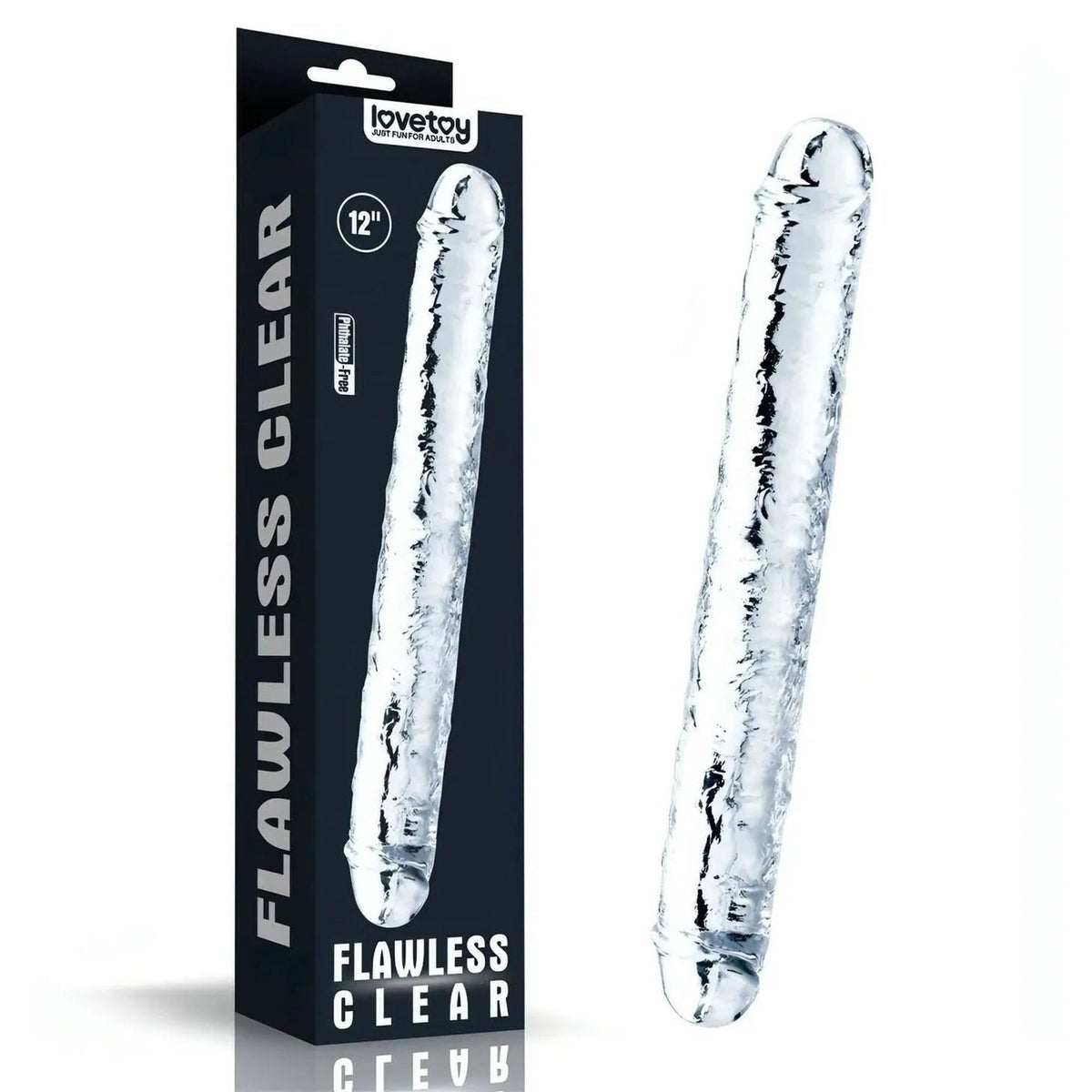 Dildo trasparente Lovetoy accanto alla confezione nera da 12 pollici