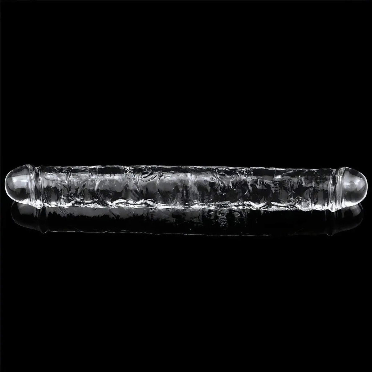 Dildo trasparente a doppia estremità visto frontalmente con dettagli scolpiti realistici