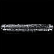Dildo trasparente a doppia estremità visto frontalmente con dettagli scolpiti realistici