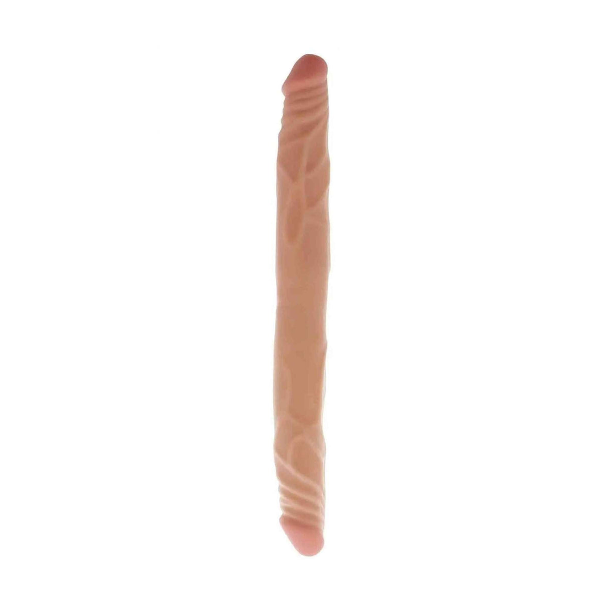 Vista laterale dildo doppio Rosa Carne TPE con texture venature