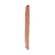 Vista laterale dildo doppio Rosa Carne TPE con texture venature
