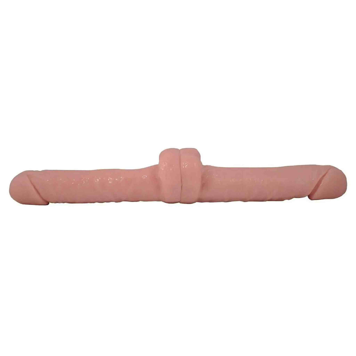 Vista frontale doppio dildo rosa carne con teste realistiche e anello centrale