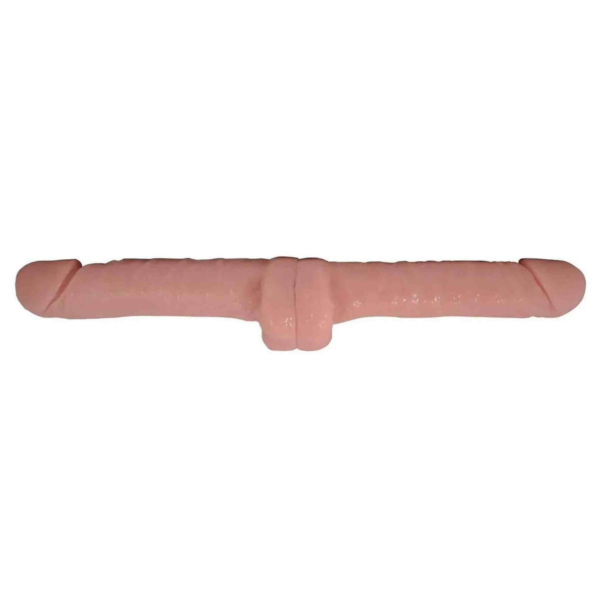 Doppio dildo rosa carne orizzontale con texture granulosa e dettagli anatomici