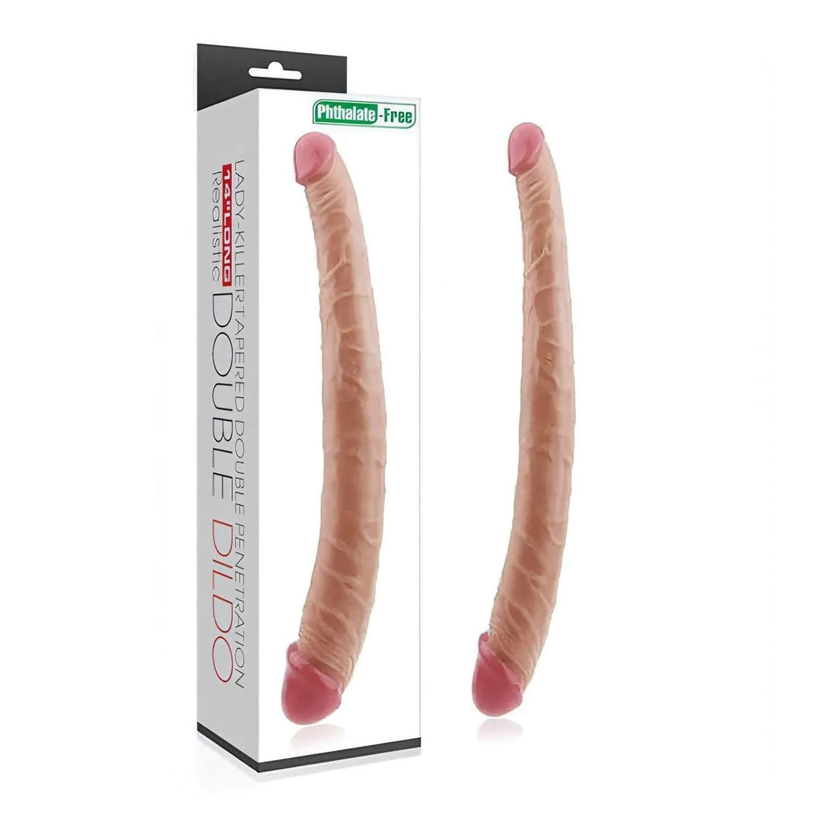 Doppio dildo rosa carne Phthalate-Free con confezione e testo verticale