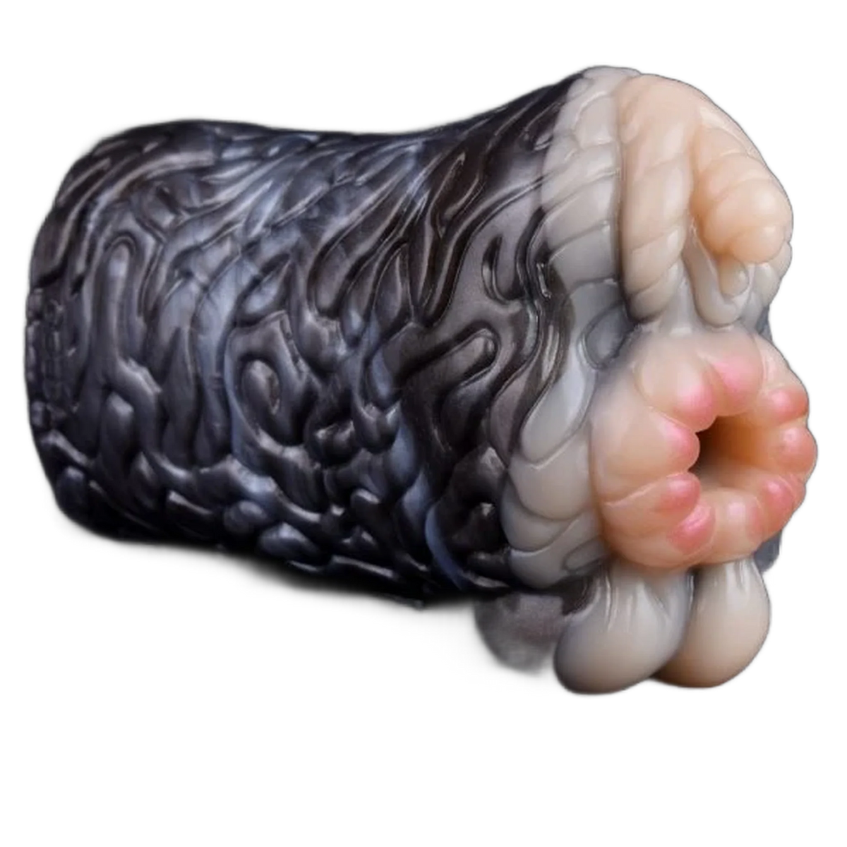 Doppi canali masturbatore in silicone liquido grigio scuro con texture ondulata e interno rosa