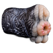 Doppi canali masturbatore in silicone liquido grigio scuro con texture ondulata e interno rosa