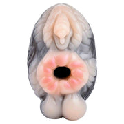 Vista frontale apertura circolare bordi rosa su masturbatore animale in silicone liquido