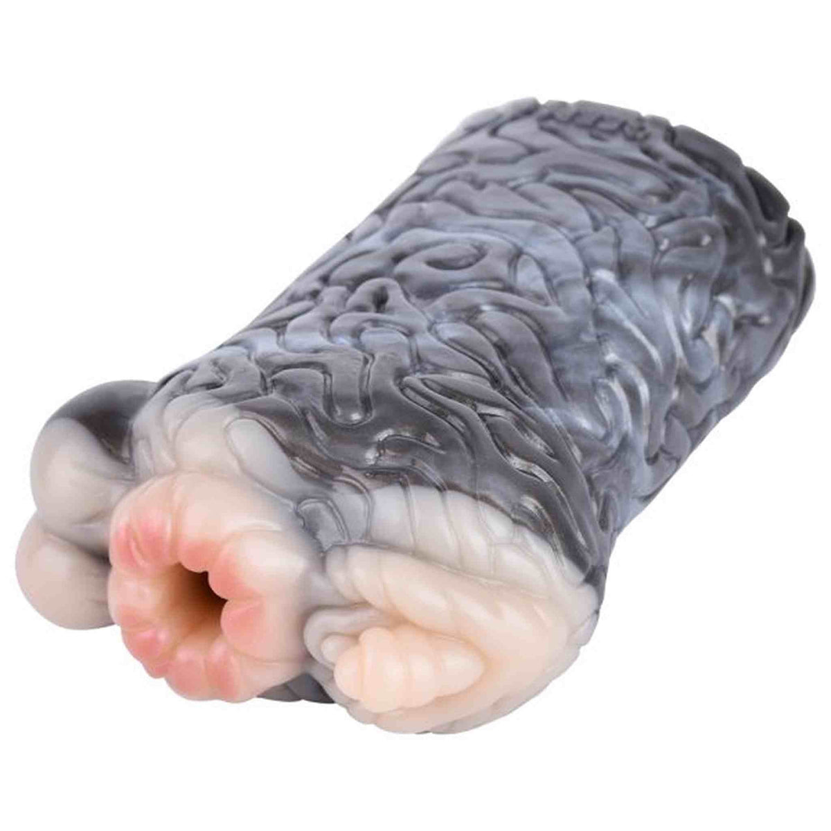 Dettaglio texture esterna a nervature su masturbatore in silicone liquido grigio scuro