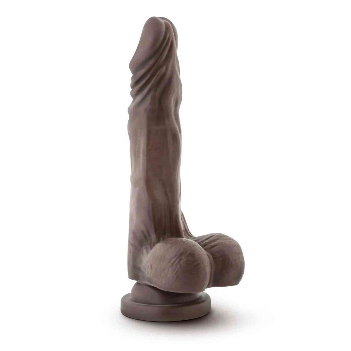Dorso dildo realistico marrone Dr. Skin con venature, scroto e base circolare per uso eretto