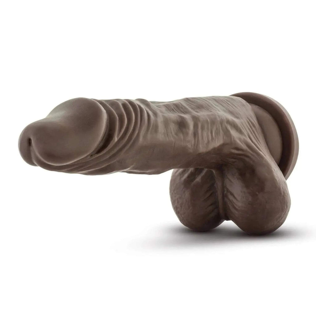 Vista laterale dildo marrone Dr. Skin 8.5 pollici con dettagli anatomici e scroto modellato