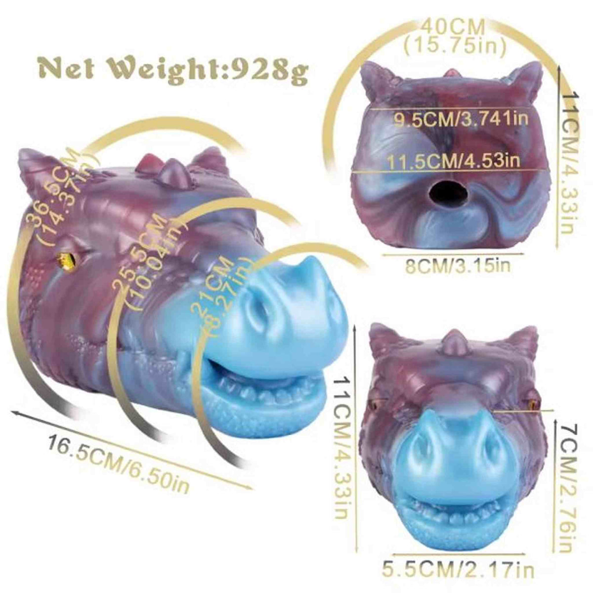 Schema dimensioni testa di drago iridescente Phantom Dragon 36,5 cm con occhio giallo e peso 928g