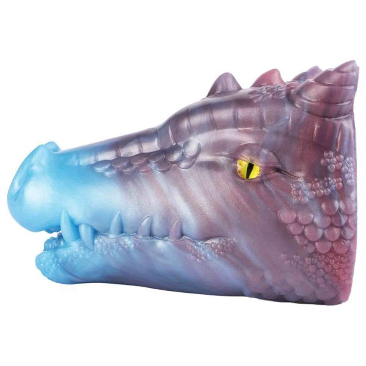 Profilo laterale testa di drago viola-blu Phantom Dragon con denti aguzzi e scaglie dettagliate