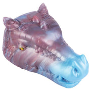 Testa di drago iridescente viola-blu Phantom Dragon con occhio giallo e corna, finitura silicone lucida