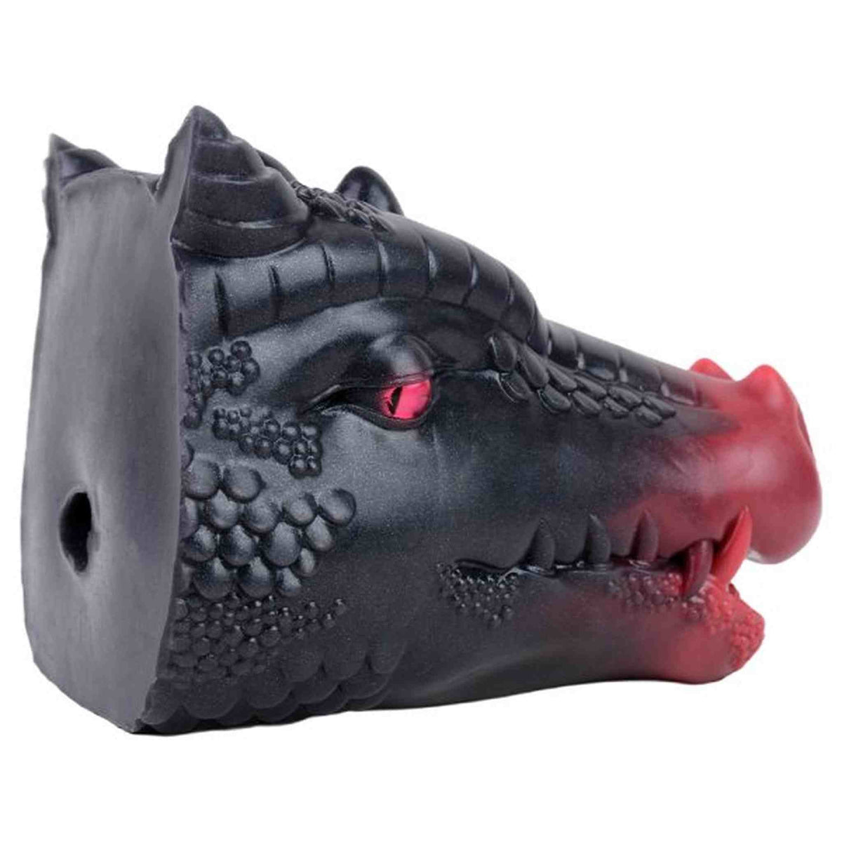 Retro testa di drago nera Phantom Dragon con foro circolare centrale e superficie scagliata lucida