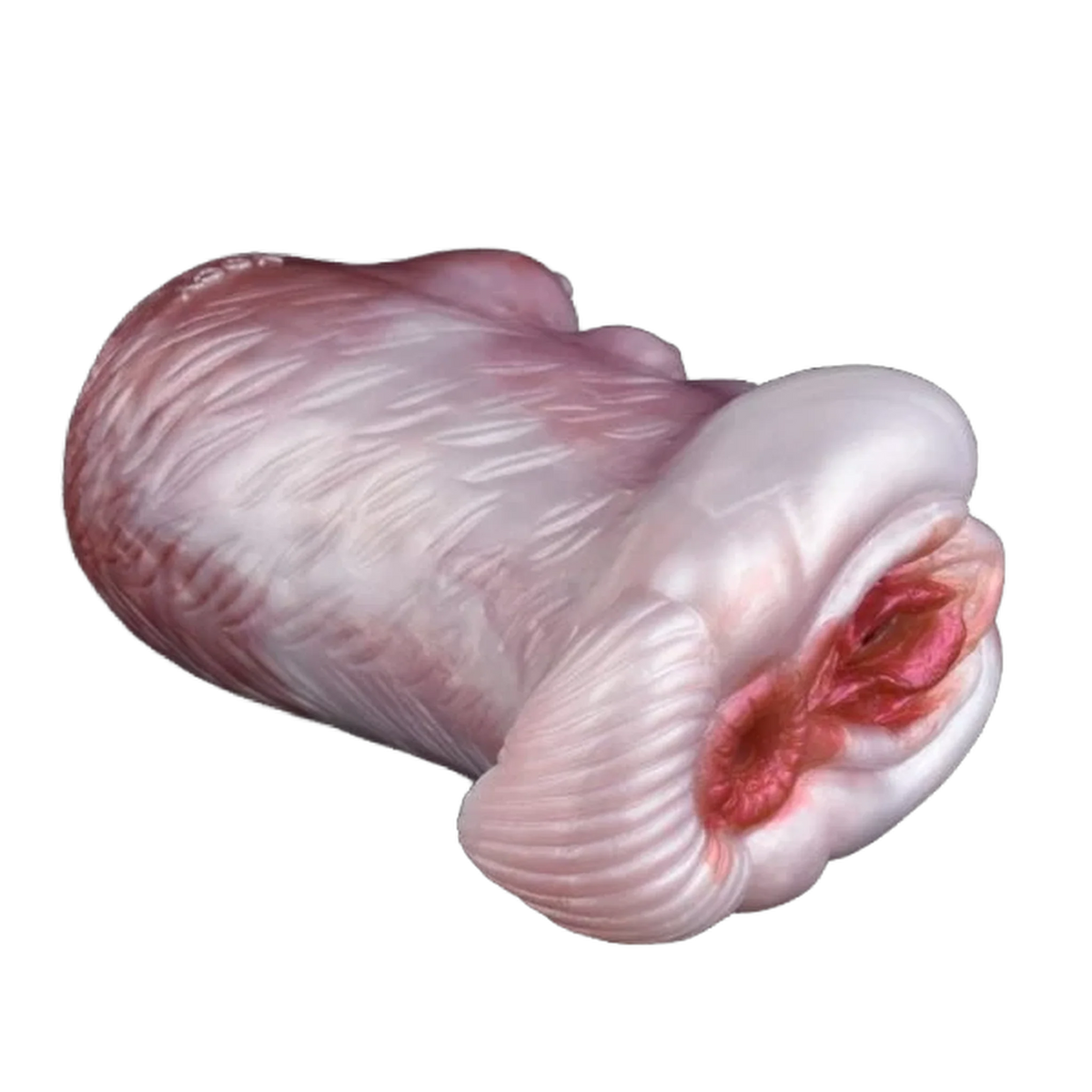 Profilo laterale masturbatore silicone rosa pallido con bocca stilizzata e incisioni lineari