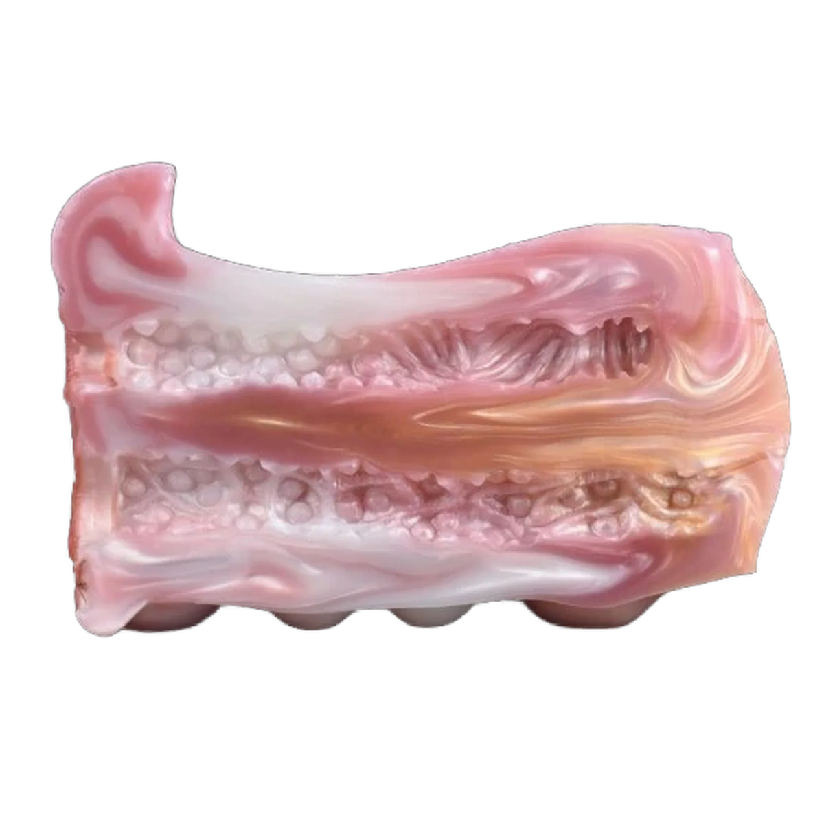 Doppio canale masturbatore silicone liquido rosa marmorizzato con texture interne ondulate e a bolle