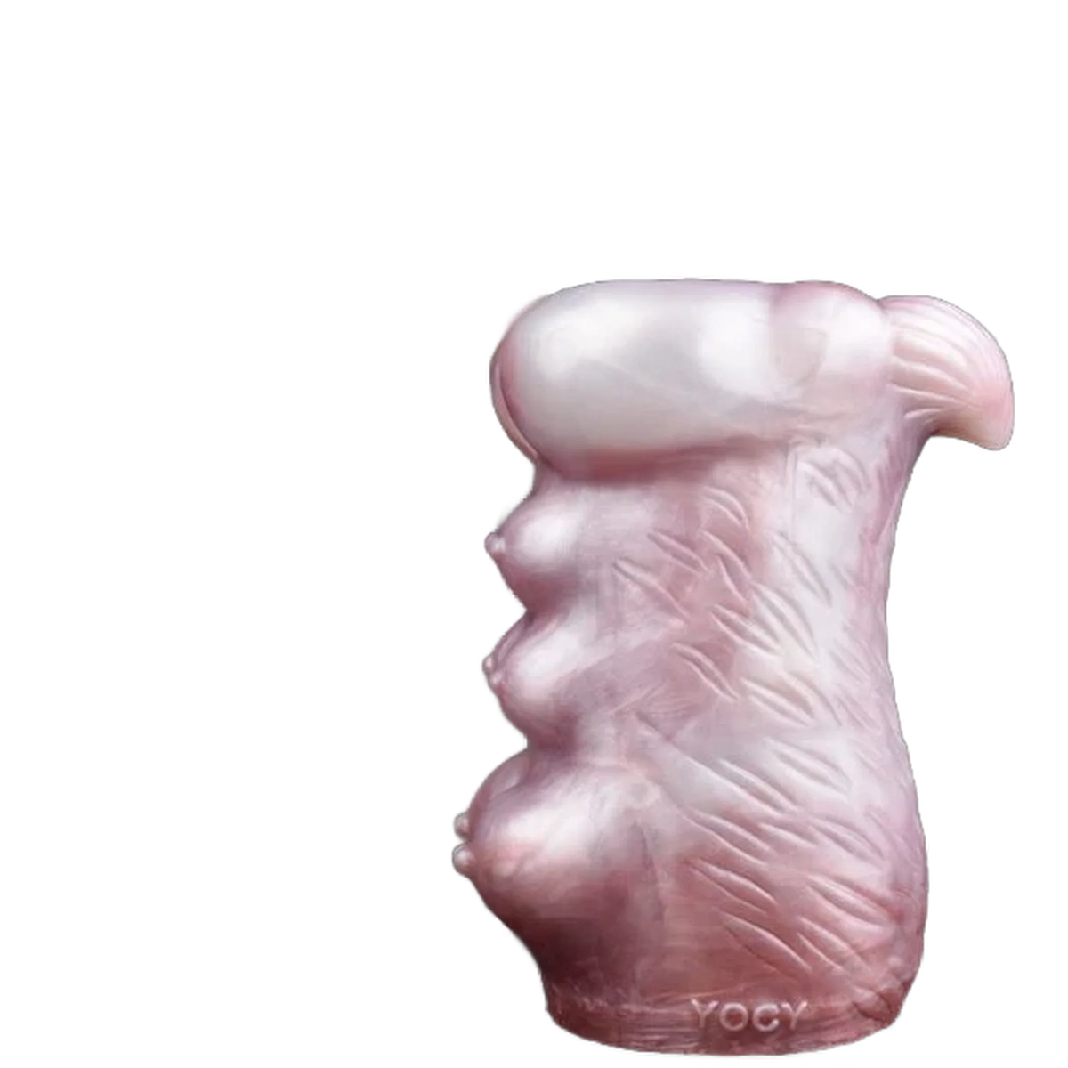 Vista laterale masturbatore silicone rosa antropomorfo con tre rilievi sferici e scritta YOCY