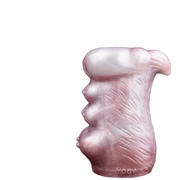 Vista laterale masturbatore silicone rosa antropomorfo con tre rilievi sferici e scritta YOCY