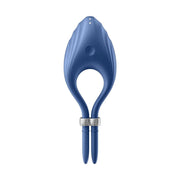 Vibratore anello Satisfyer Duelist blu con pulsante di accensione e fori per pulizia