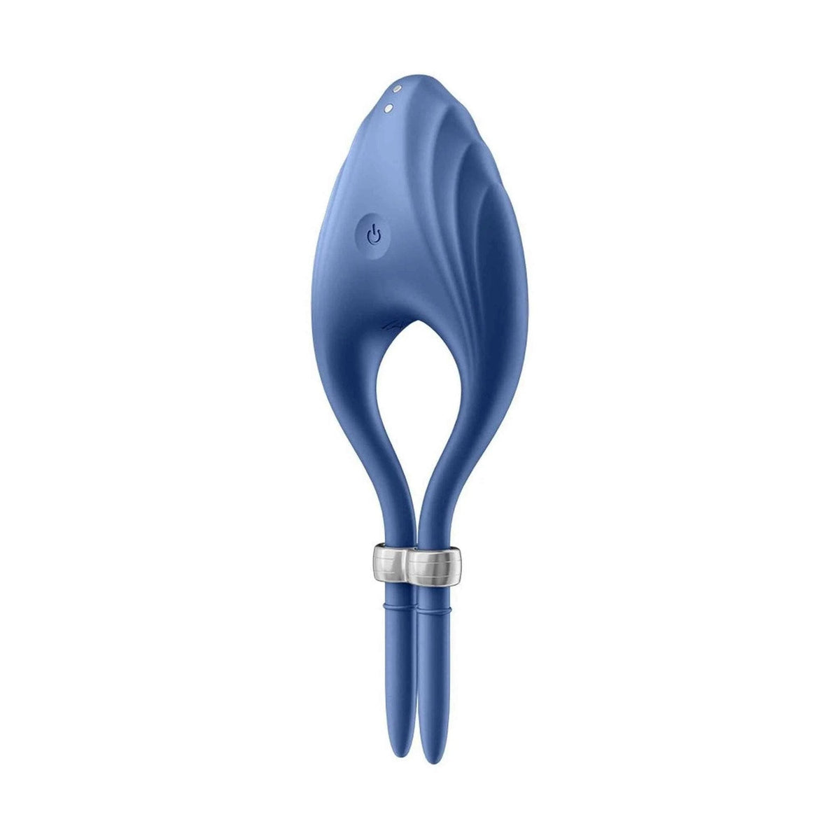 Vibratore anello Satisfyer Duelist blu con pulsanti power e dettagli di controllo