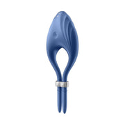 Vibratore anello Satisfyer Duelist blu con pulsanti power e dettagli di controllo