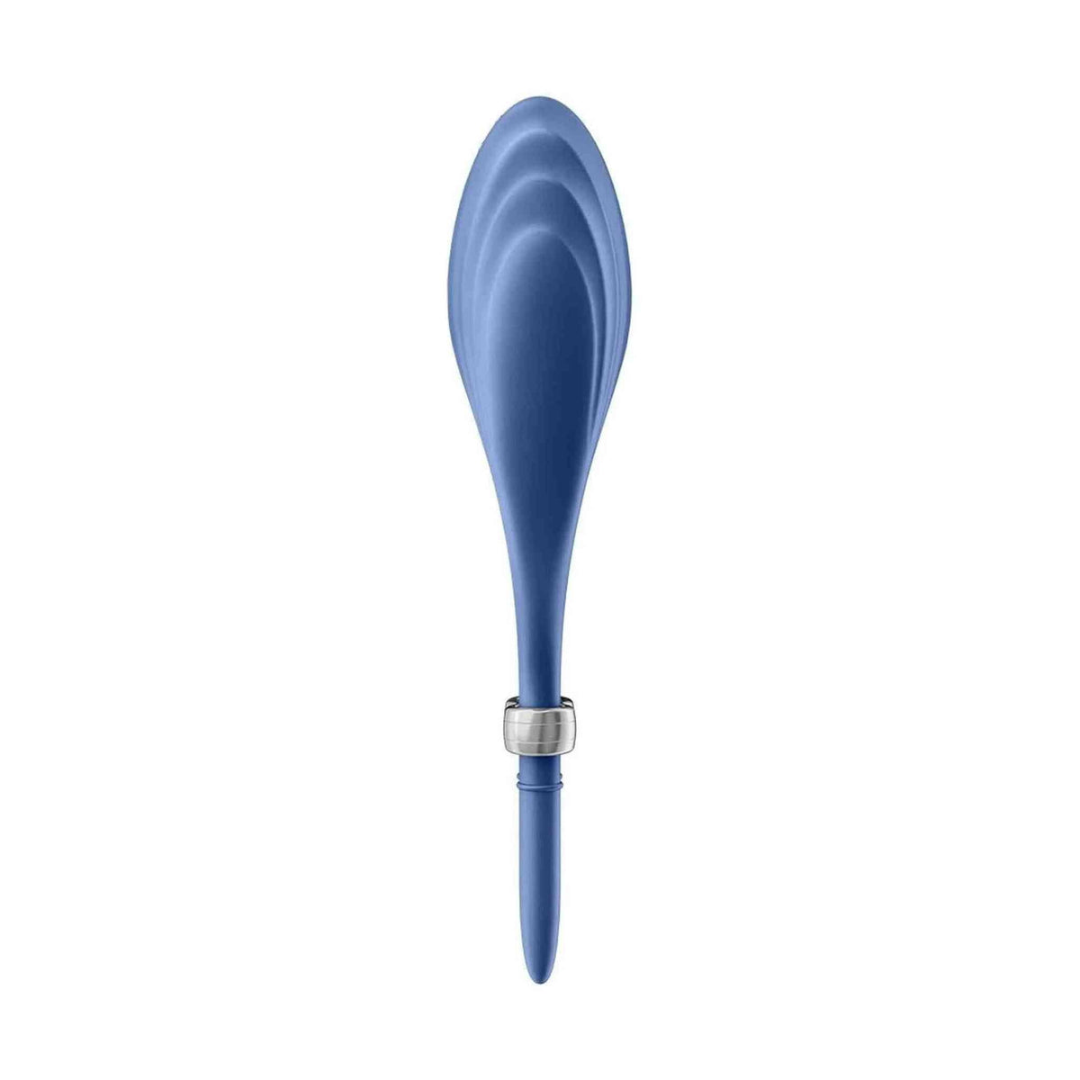 Vibratore anello Satisfyer Duelist blu in silicone con incisioni concentriche e anello metallico