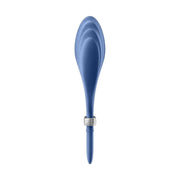 Vibratore anello Satisfyer Duelist blu in silicone con incisioni concentriche e anello metallico