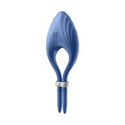 Vibratore anello Satisfyer Duelist blu in silicone con superficie ondulata e anello metallico