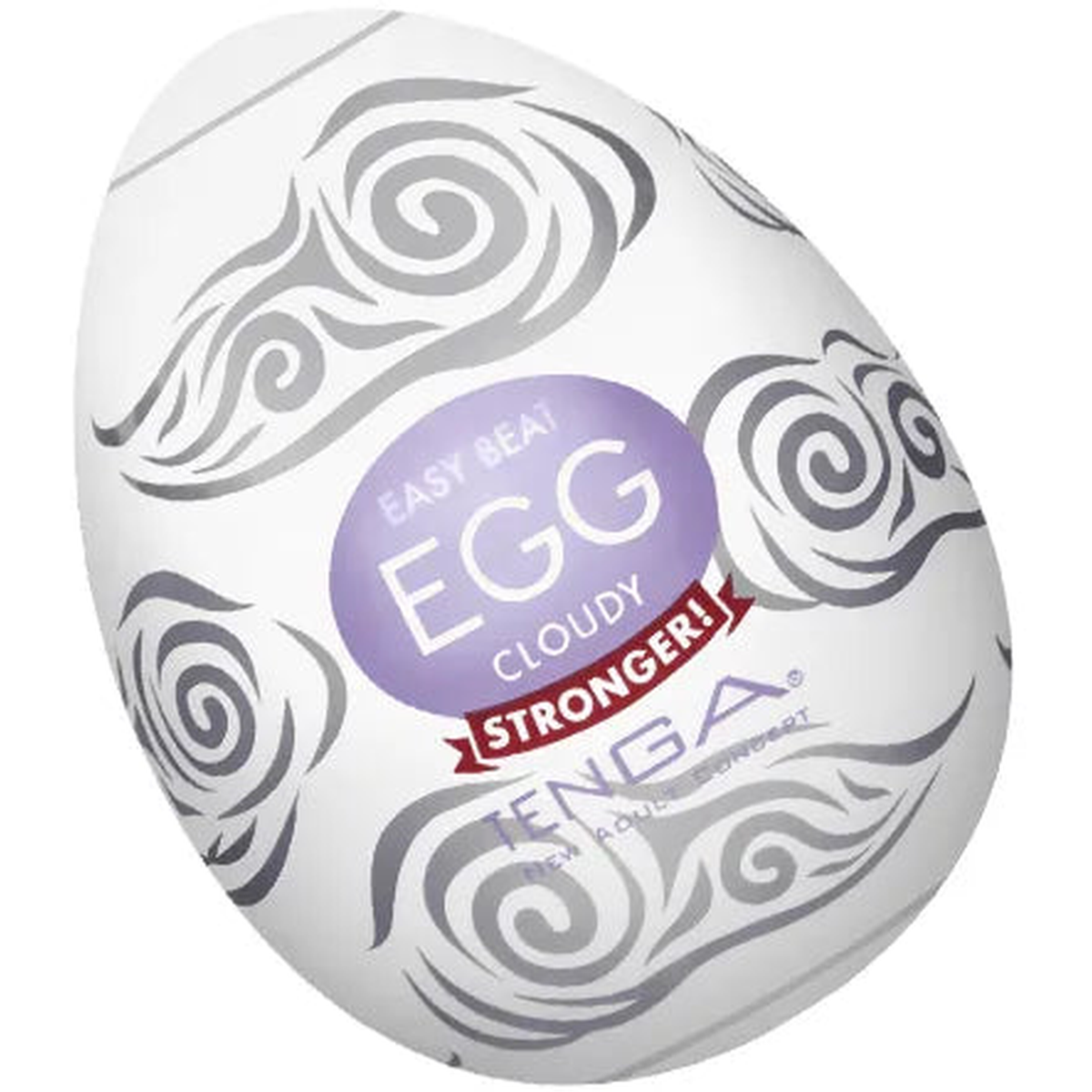 Tenga EGG Cloudy masturbatore ovale bianco con etichetta viola e fascia rossa Stronger