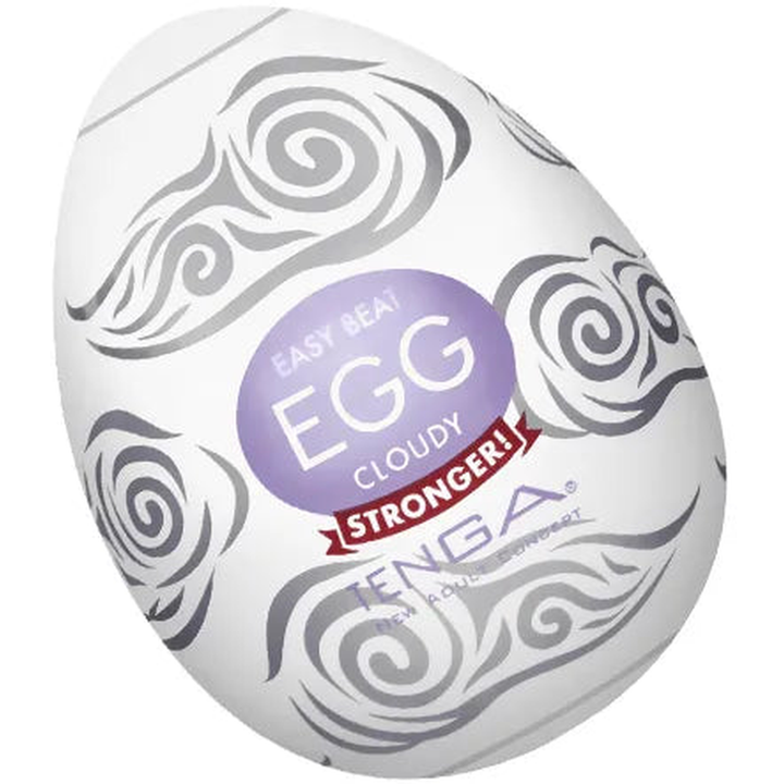 Tenga EGG Cloudy masturbatore ovale bianco con etichetta viola e fascia rossa Stronger