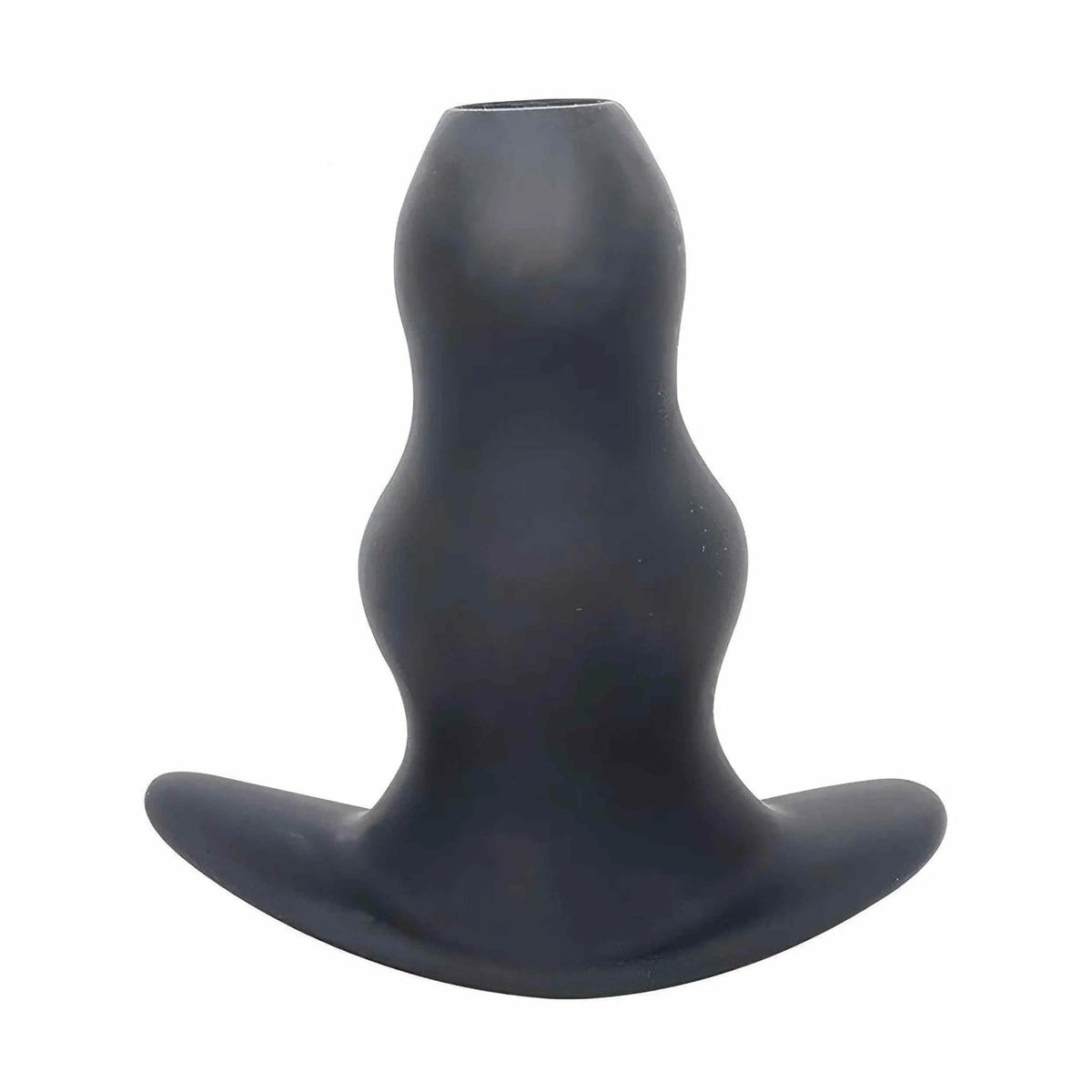 Vista frontale plug anale tunnel in silicone nero opaco base piatta
