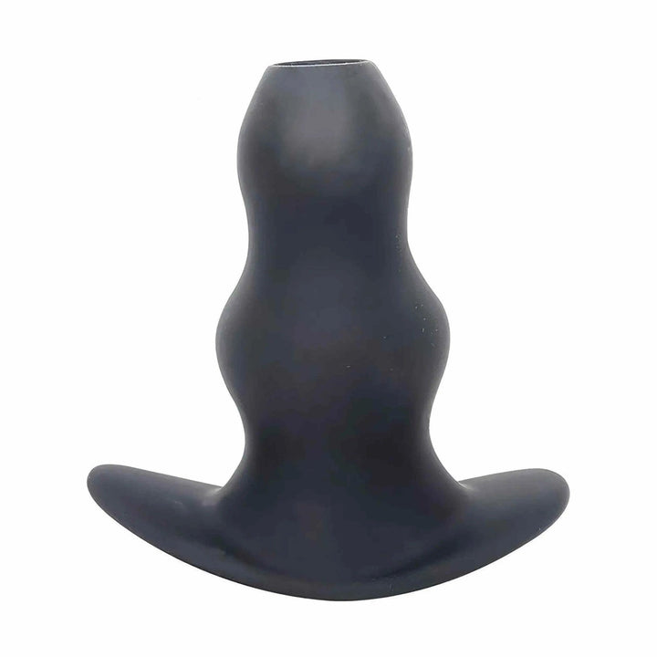 Vista frontale plug anale tunnel in silicone nero opaco base piatta