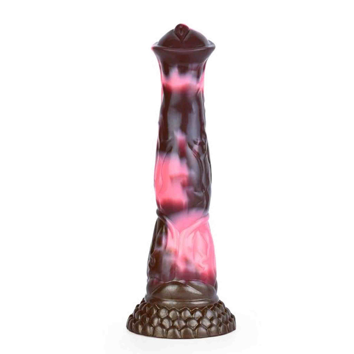 Vista frontale dildo Eric in silicone effetto marmo rosso e marrone