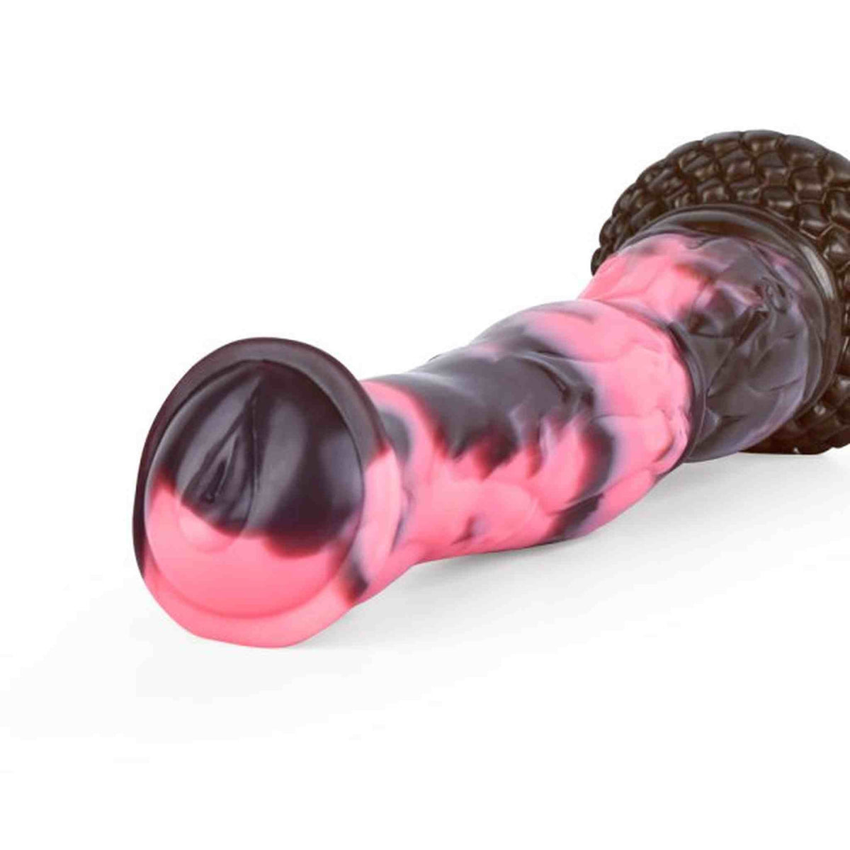 Dildo fantasy silicone rosa e nero marmorizzato con base texture squame
