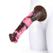 Dildo Eric montato su supporto mostra curvatura silicone rosso e marrone