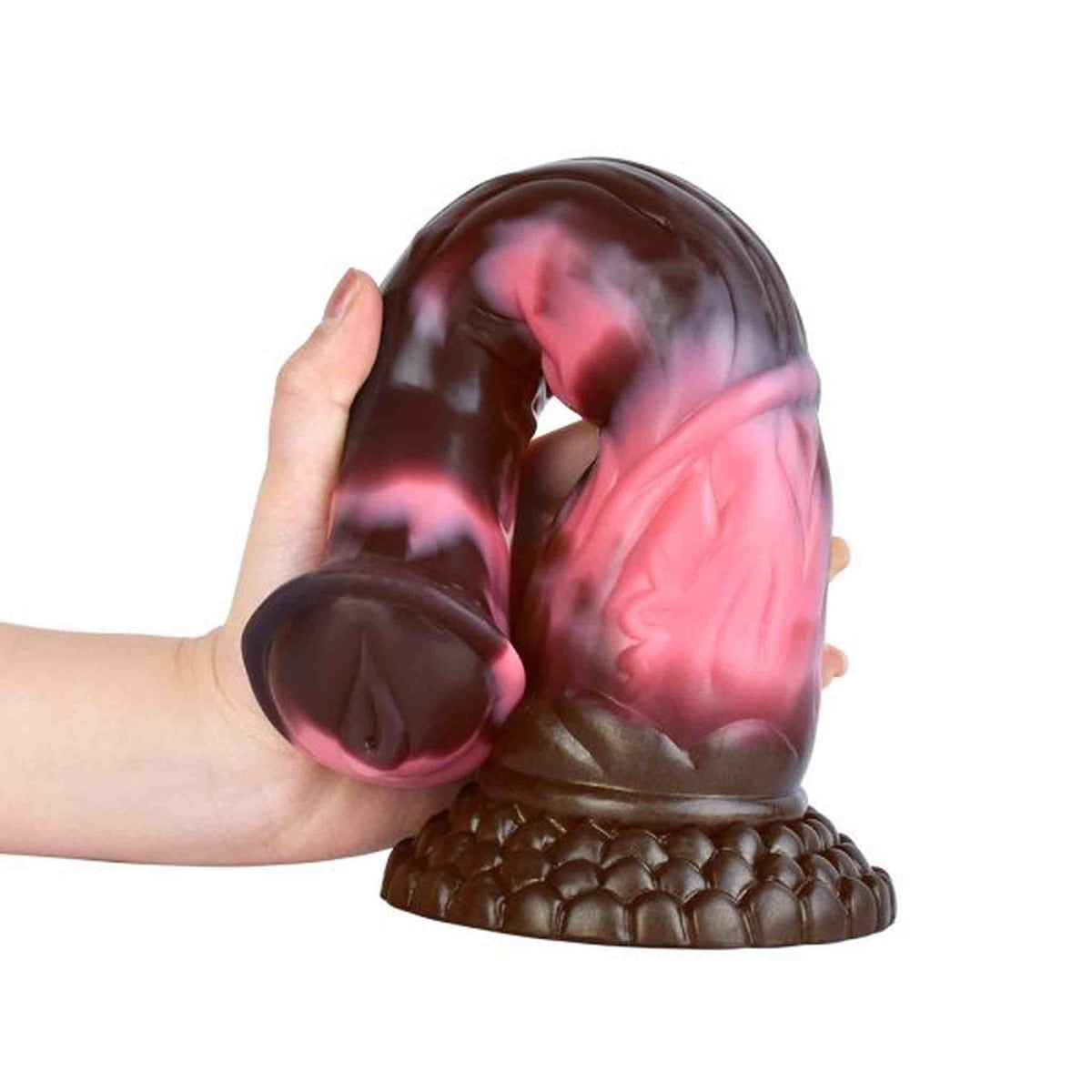 Dildo fantasy Eric in silicone rosso e marrone marmorizzato con base a scaglie