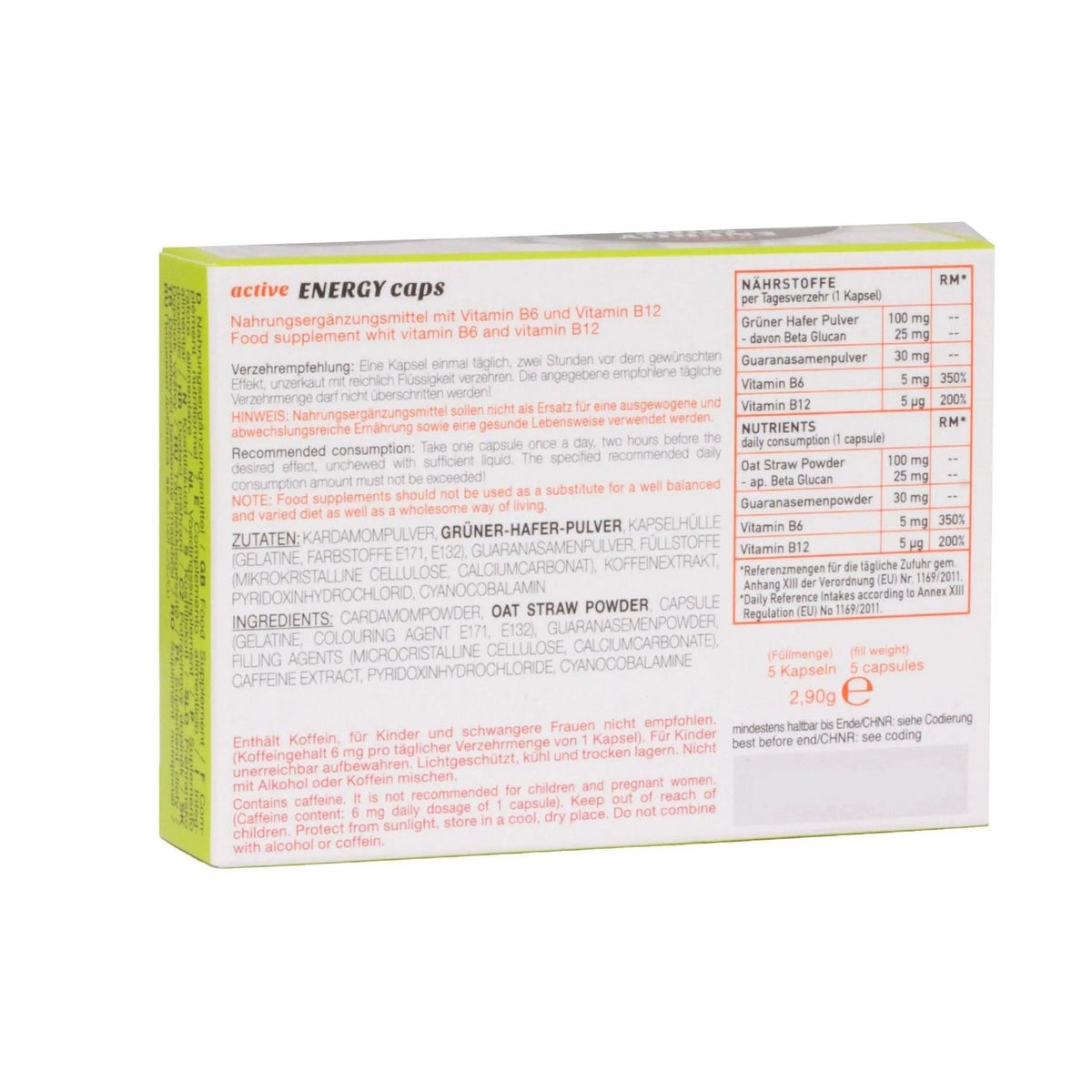 Ero Men Energy Caps confezione da 5 con ingredienti e tabella nutrizionale