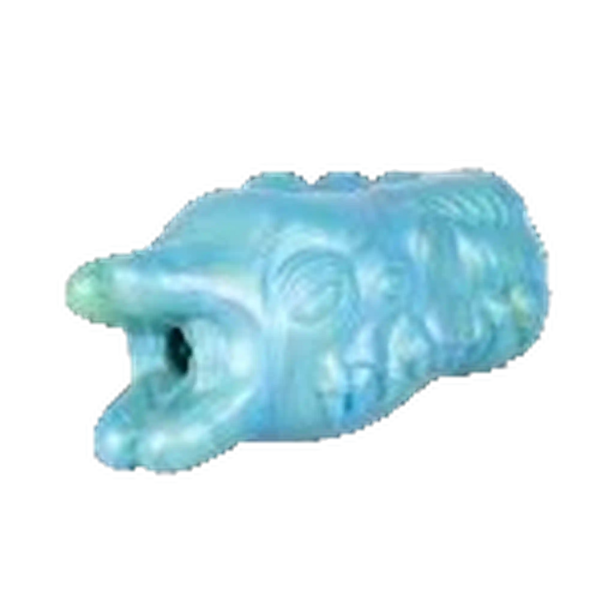 Vista frontale masturbatore maschile Evil Eye in silicone liquido iridescente blu-verde con dettagli facciali scolpiti