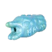 Vista frontale masturbatore maschile Evil Eye in silicone liquido iridescente blu-verde con dettagli facciali scolpiti