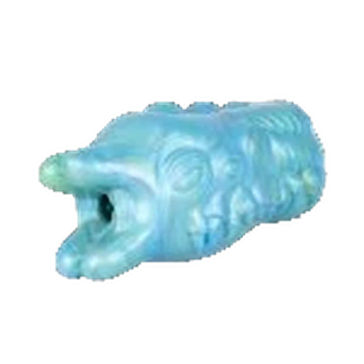 Vista frontale masturbatore maschile Evil Eye in silicone liquido iridescente blu-verde con dettagli facciali scolpiti