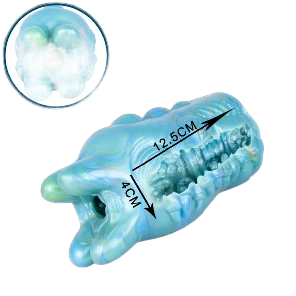 Masturbatore Evil Eye in silicone liquido blu-verde con protuberanze posteriori simmetriche e struttura interna a rilievo