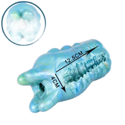 Masturbatore Evil Eye in silicone liquido blu-verde con protuberanze posteriori simmetriche e struttura interna a rilievo