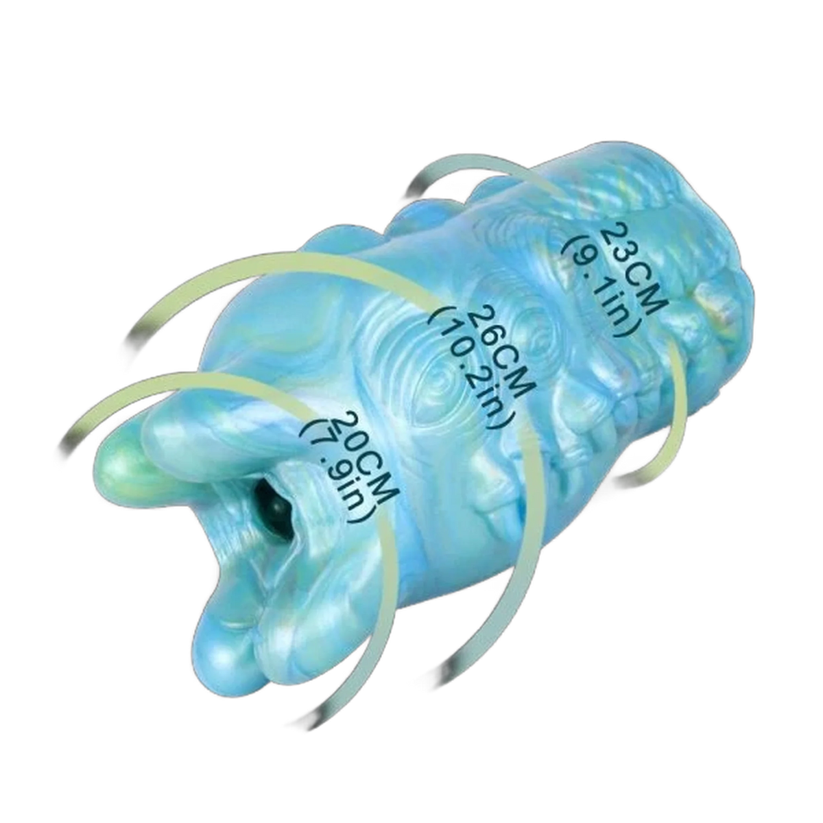 Masturbatore maschile Evil Eye in silicone liquido iridescente blu-verde, forma antropomorfa con dettagli scolpiti e misure 26 cm