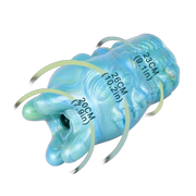 Masturbatore maschile Evil Eye in silicone liquido iridescente blu-verde, forma antropomorfa con dettagli scolpiti e misure 26 cm