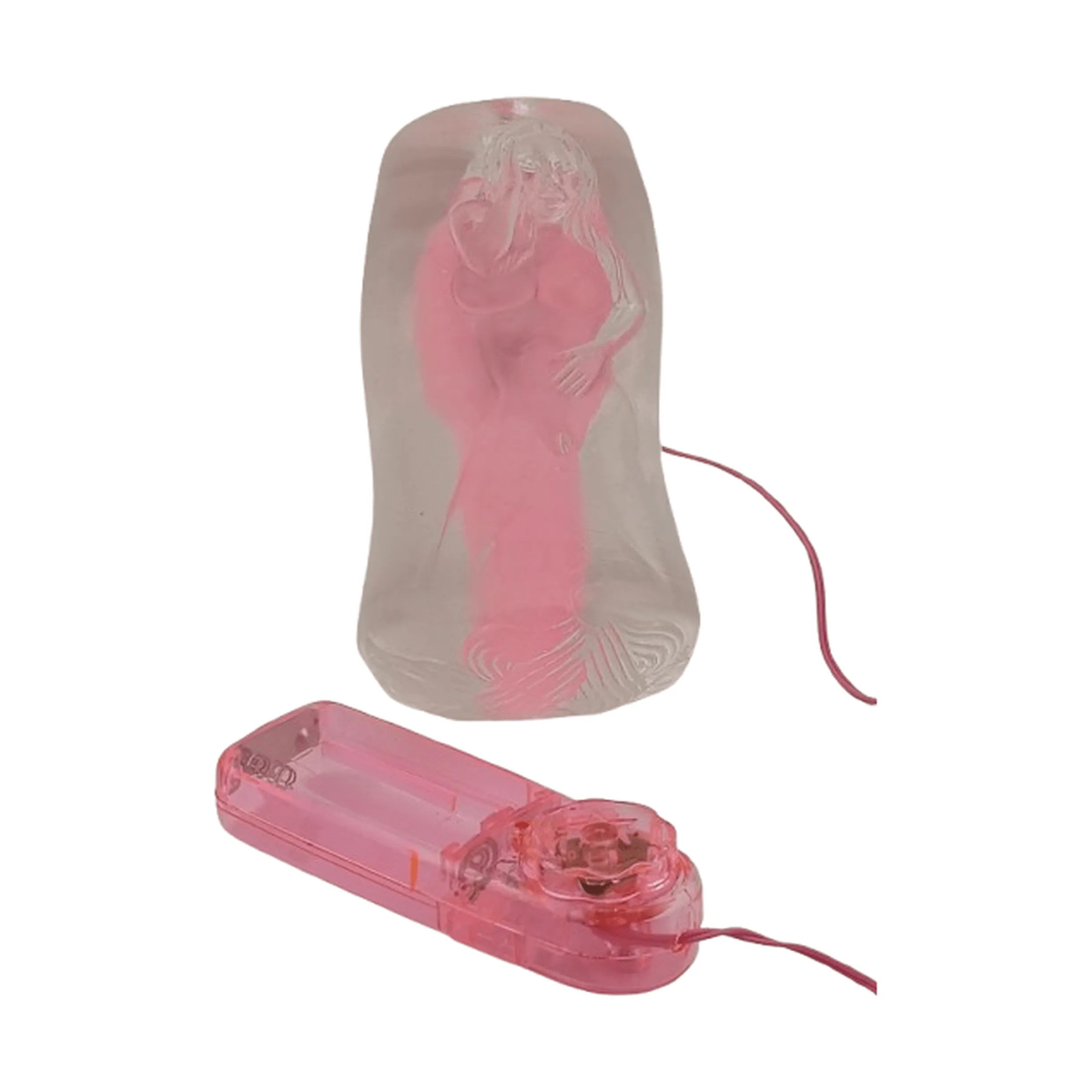 Masturbatore vibrante TPE con figura femminile incisa sopra motore vibrante trasparente